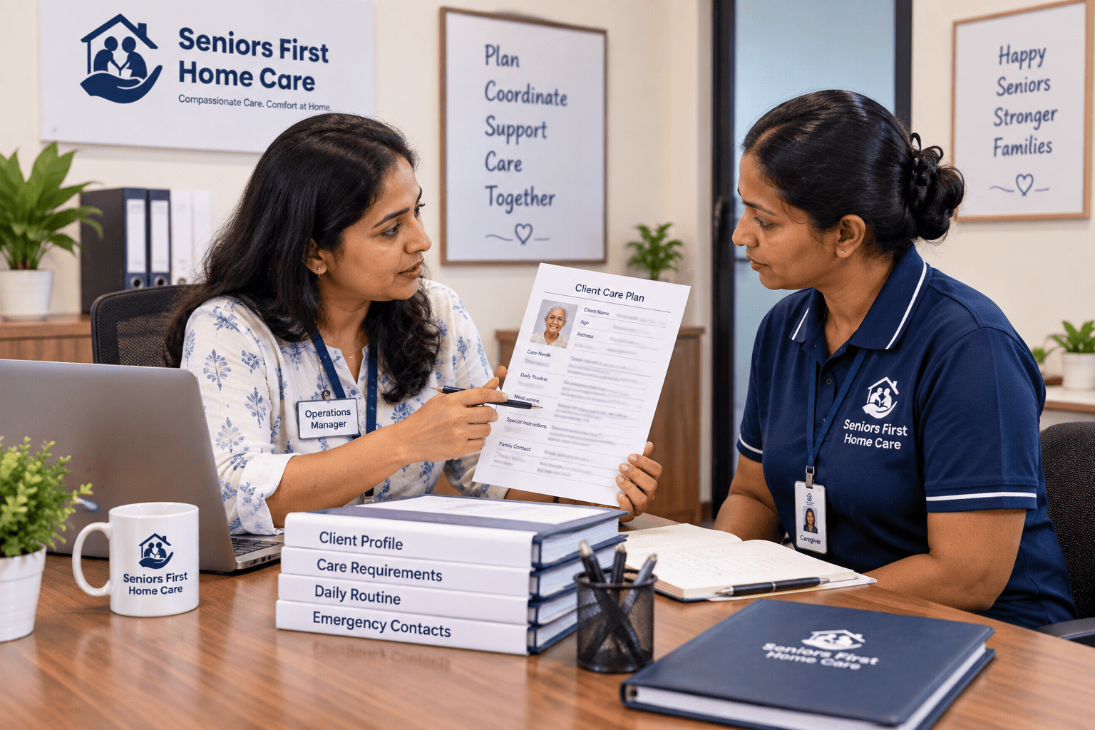 Seniors First Home Care Operations Manager discussing a client care plan with a caregiver